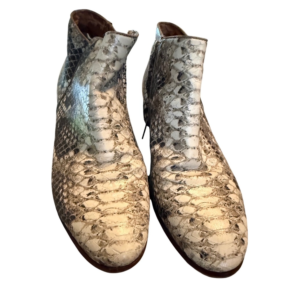 Sam Edelman Snakeskin Embossed Leather Ankle Boots Grey Cream Block Heel Booties